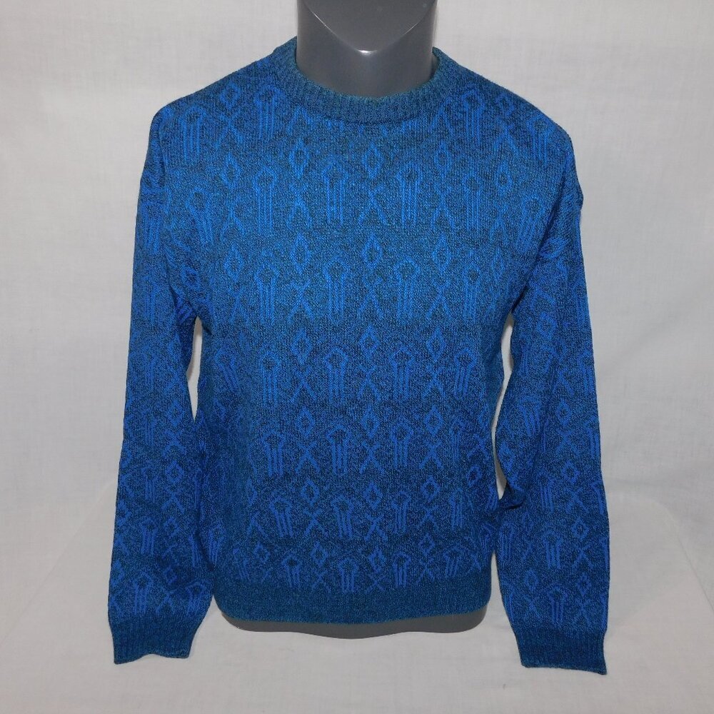VTG Y2K 90s Club Europe Blue Geometric Design Acrylic Crewneck Sweater Mens M